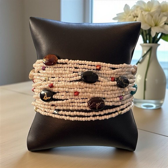 Jewelry - Bohemian‎ Bracelet White Seed Bead Multi Strand Ethnic Crochet Toggle Button